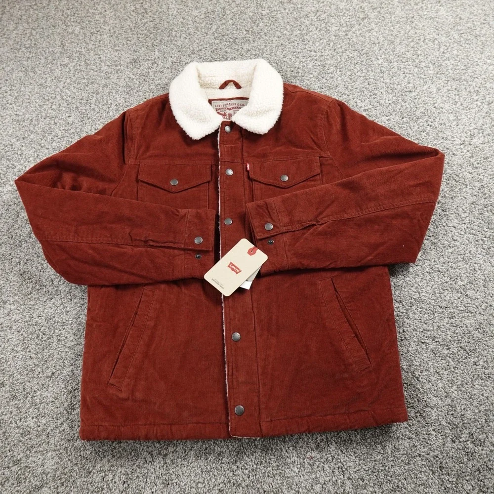 NEW Levis Jacket Mens S Brown Red Corduroy Sherpa Lined Trucker Snap Zip Coat‎